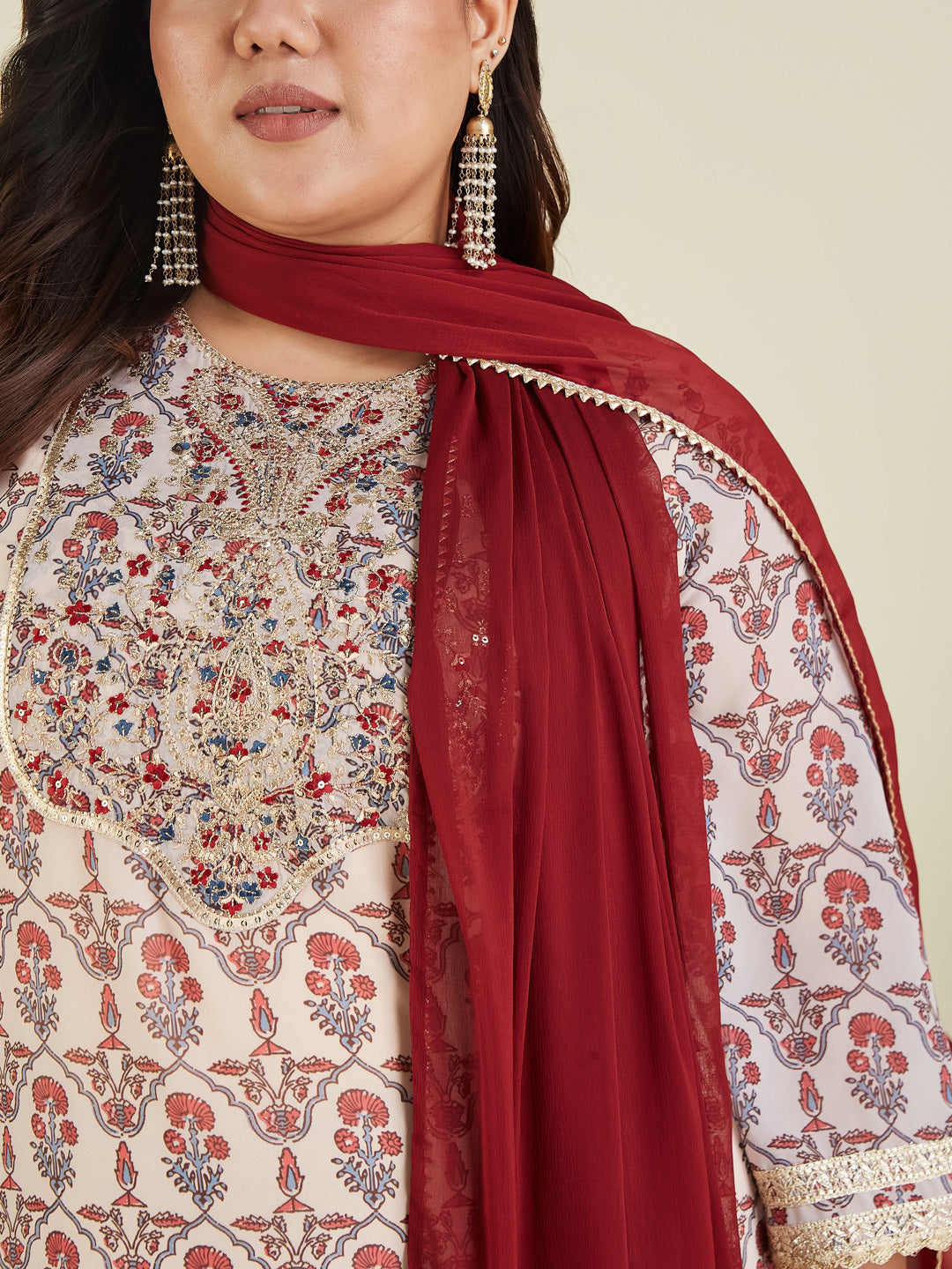 Janasya Women's Plus Size Cream & Maroon Georgette Embroidered Ajrakh Printed Straight Kurta Set - qivii
