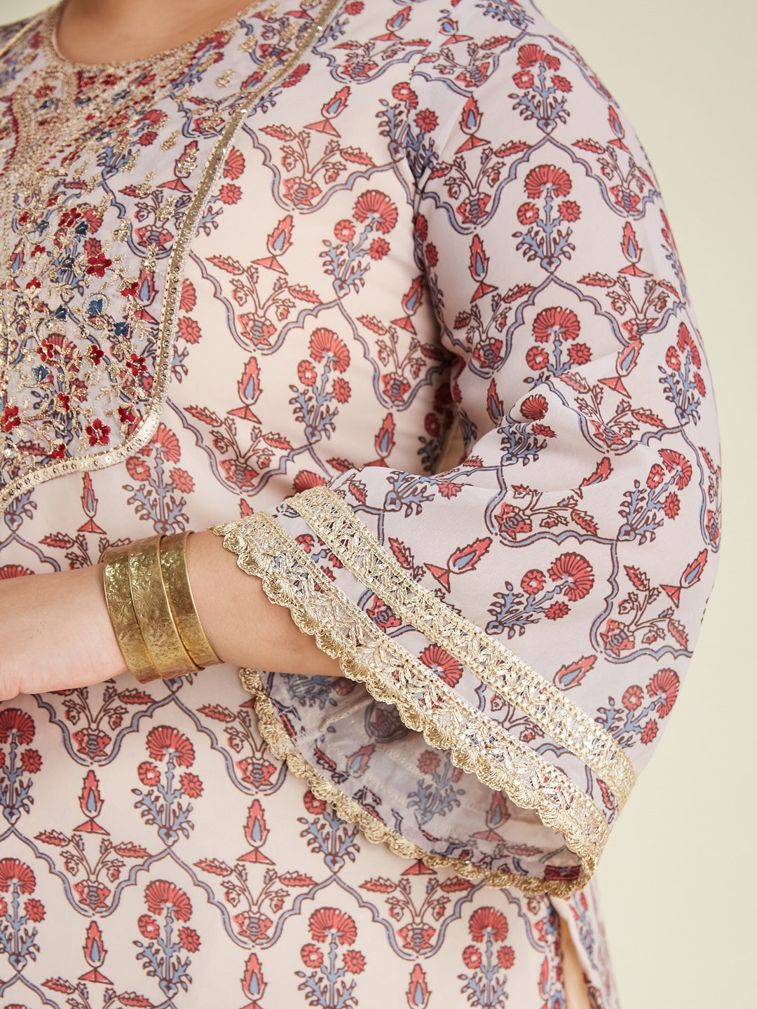 Janasya Women's Plus Size Cream & Maroon Georgette Embroidered Ajrakh Printed Straight Kurta Set - qivii