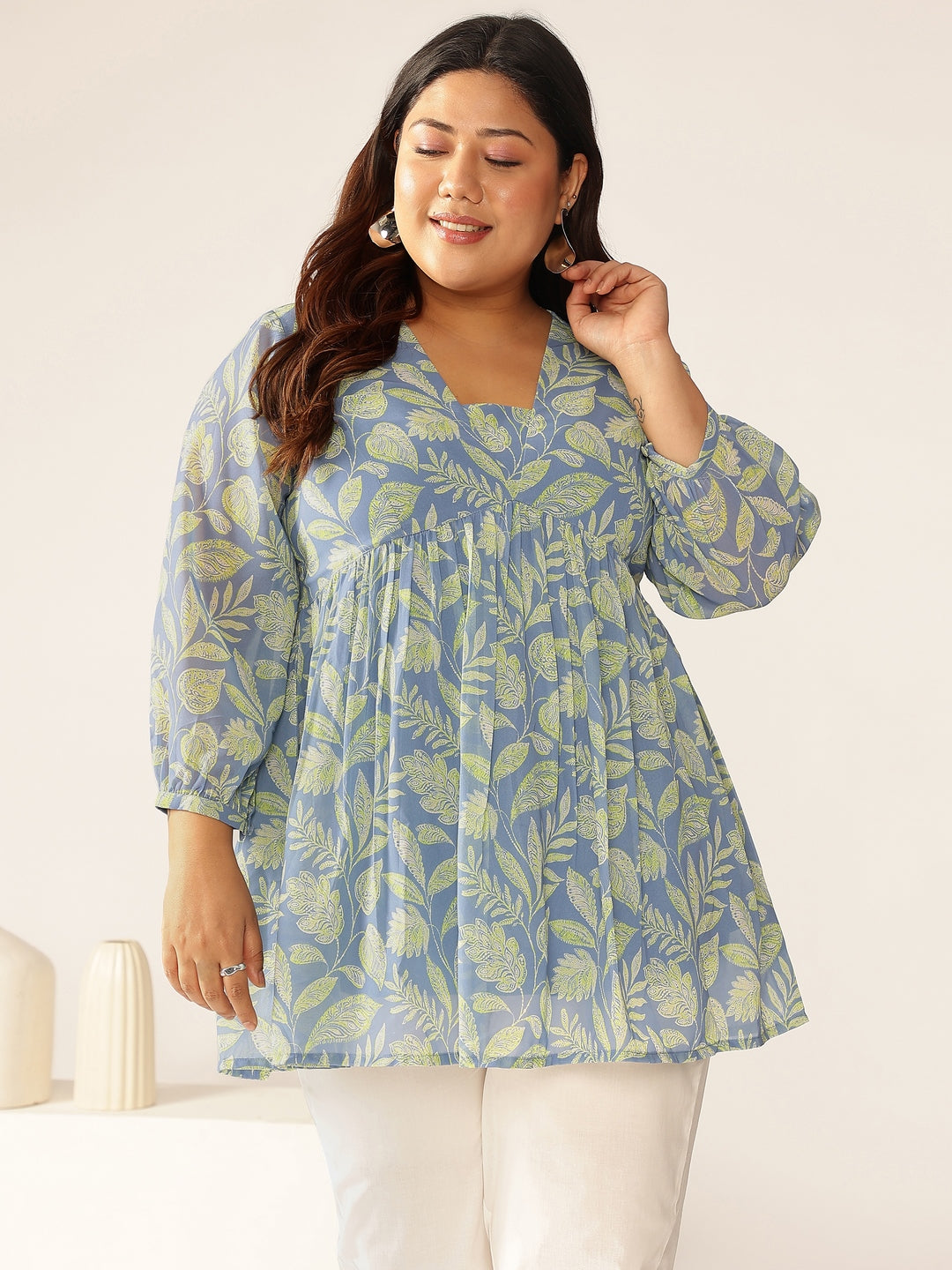 Plus Size Blue Georgette Tropical Printed A-line Tunic - qivii