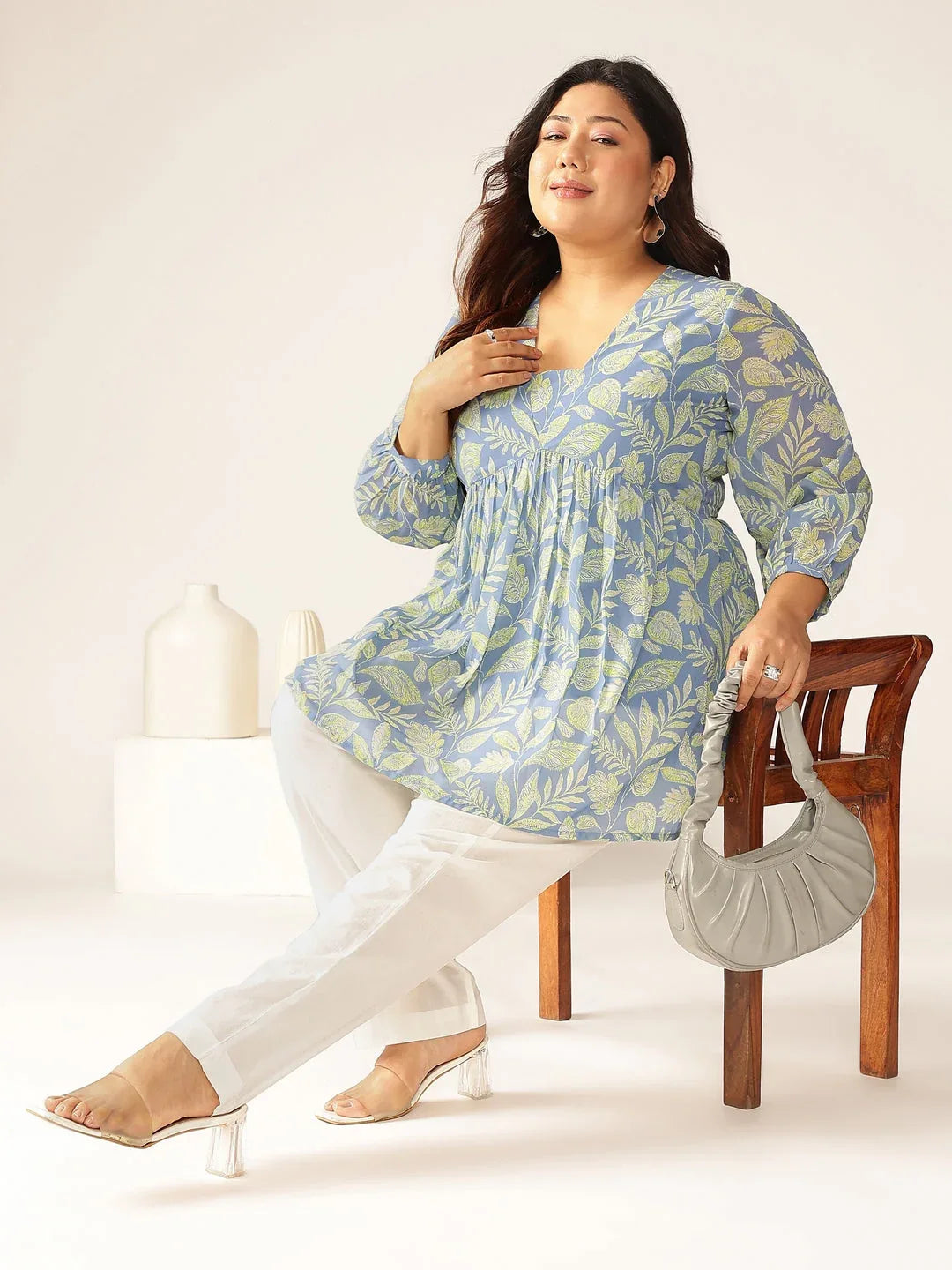 Plus Size Blue Georgette Tropical Printed A-line Tunic