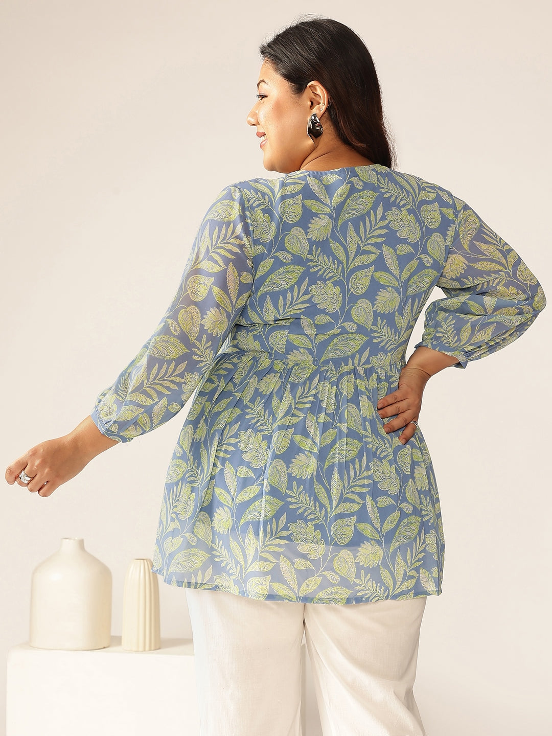Plus Size Blue Georgette Tropical Printed A-line Tunic - qivii