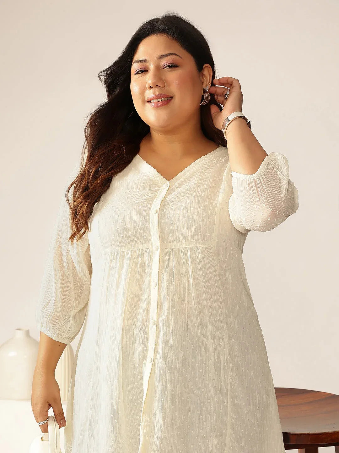 Janasya Women's Plus Size Off White Dobby Chiffon Self Design A-line Tunic
