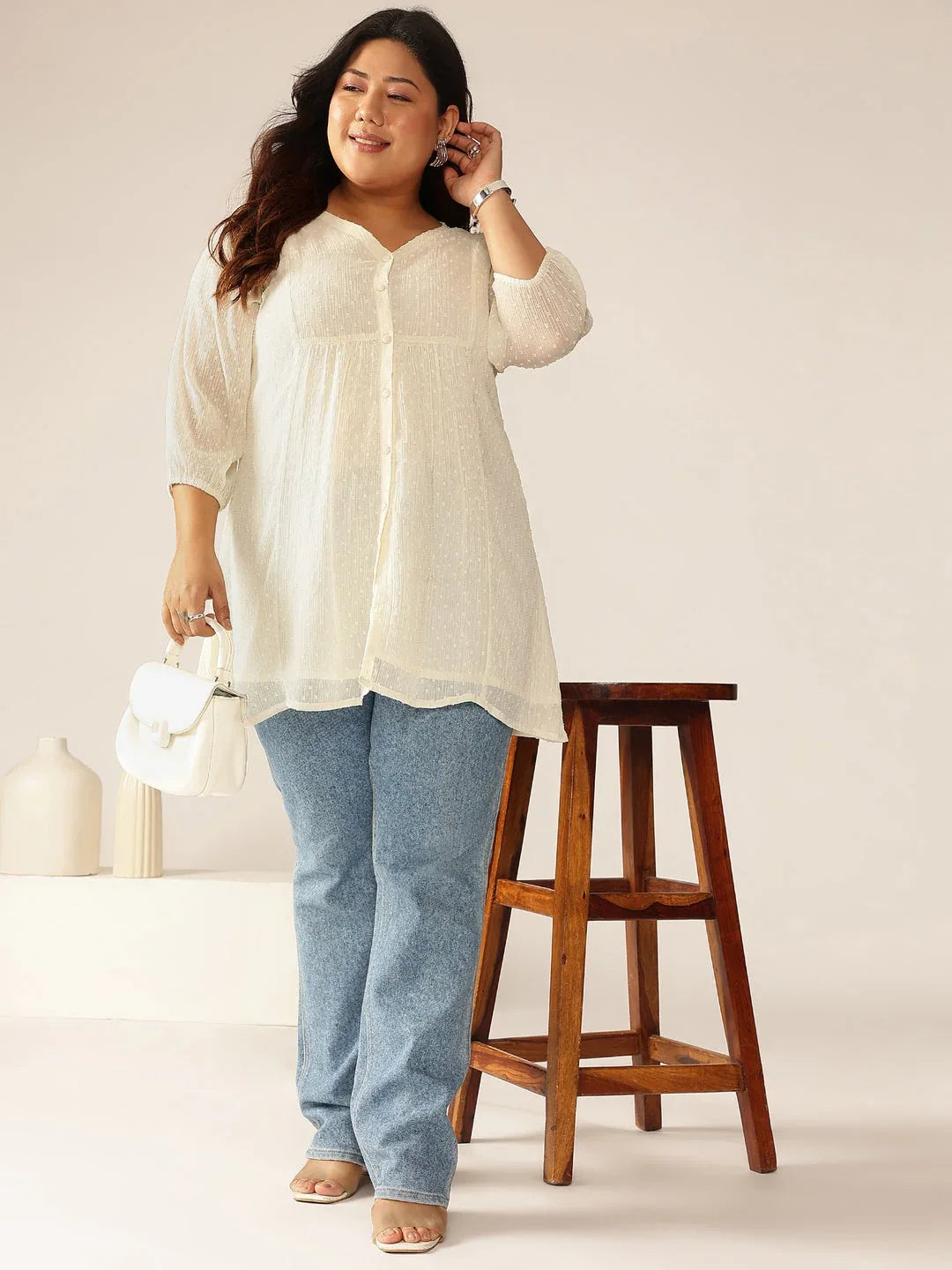 Janasya Women's Plus Size Off White Dobby Chiffon Self Design A-line Tunic