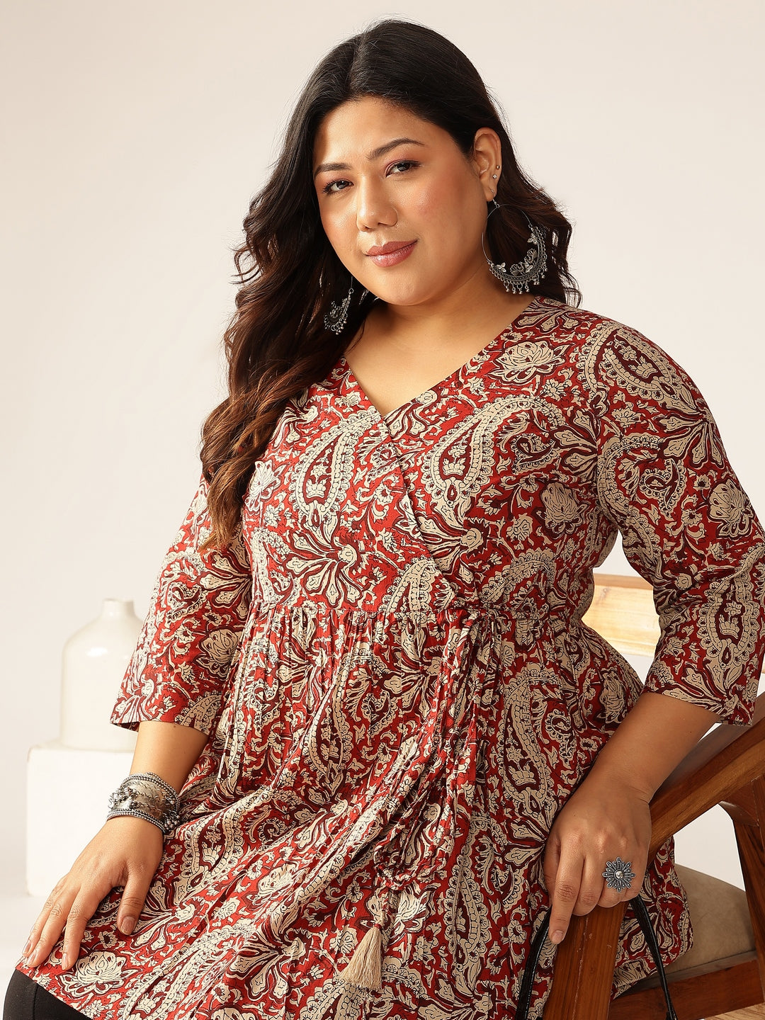 Plus Size Maroon Pure Cotton Paisley Printed Peplum Tunic - qivii