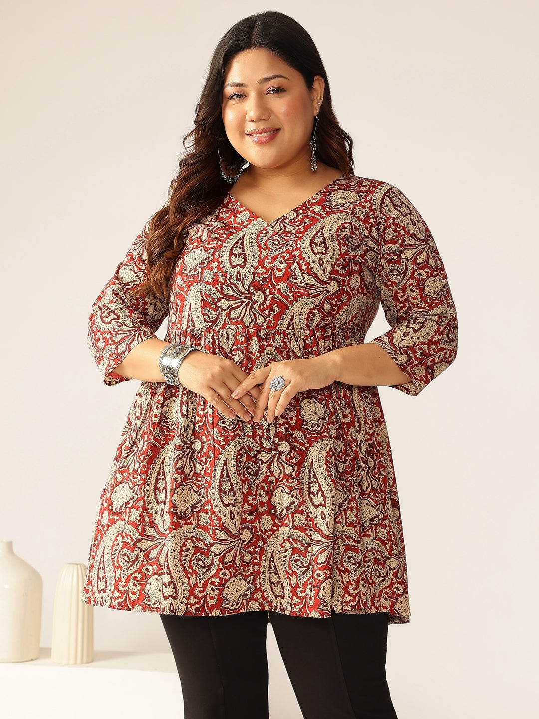 Plus Size Maroon Pure Cotton Paisley Printed Peplum Tunic - qivii