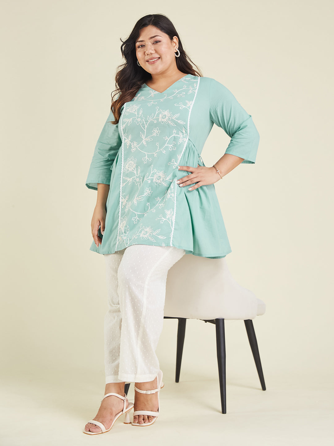 Janasya Women's Plus Size Light Blue Pure Cotton Embroidered A-line Tunic - qivii