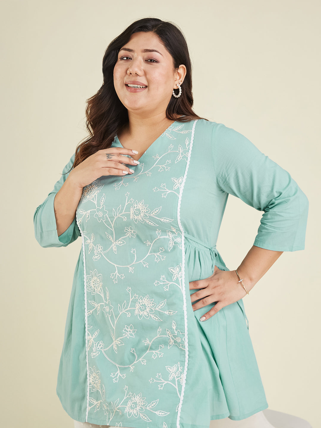 Janasya Women's Plus Size Light Blue Pure Cotton Embroidered A-line Tunic - qivii
