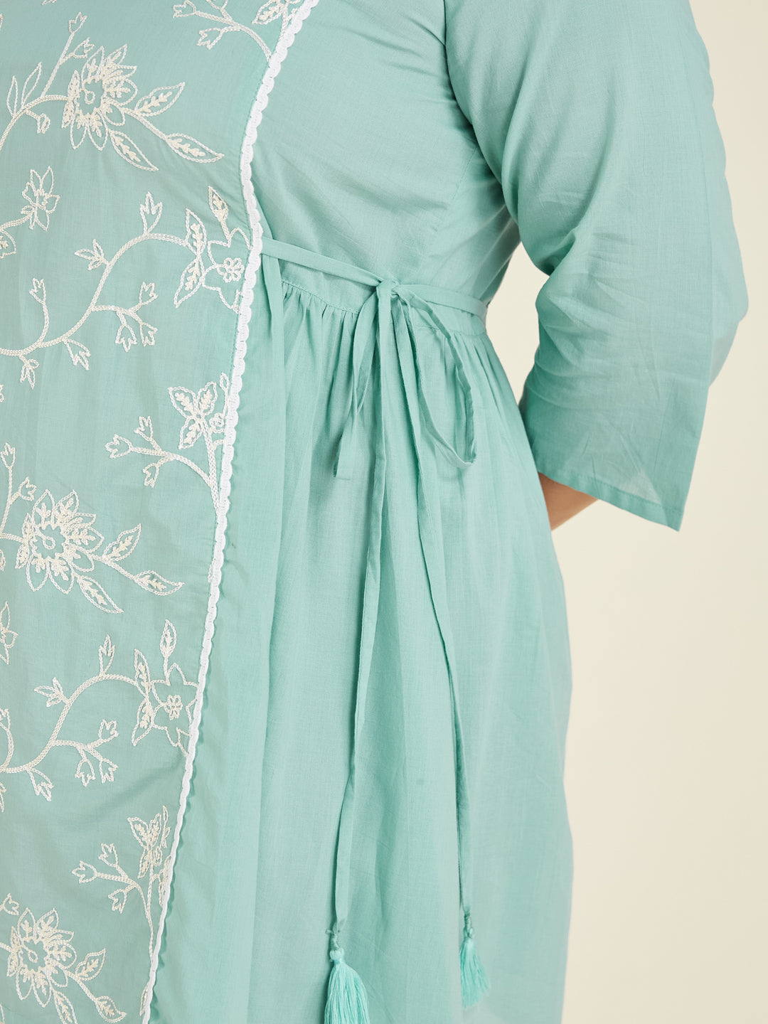 Janasya Women's Plus Size Light Blue Pure Cotton Embroidered A-line Tunic - qivii