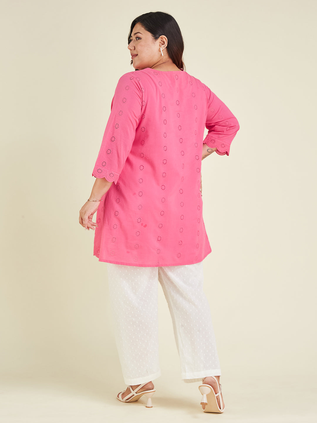Janasya Women's Plus Size Pink Pure Cotton Schiffli A-line Tunic - qivii