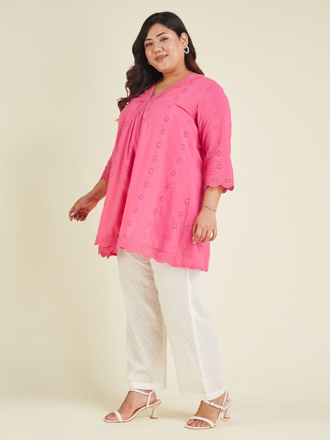 Janasya Women's Plus Size Pink Pure Cotton Schiffli A-line Tunic - qivii