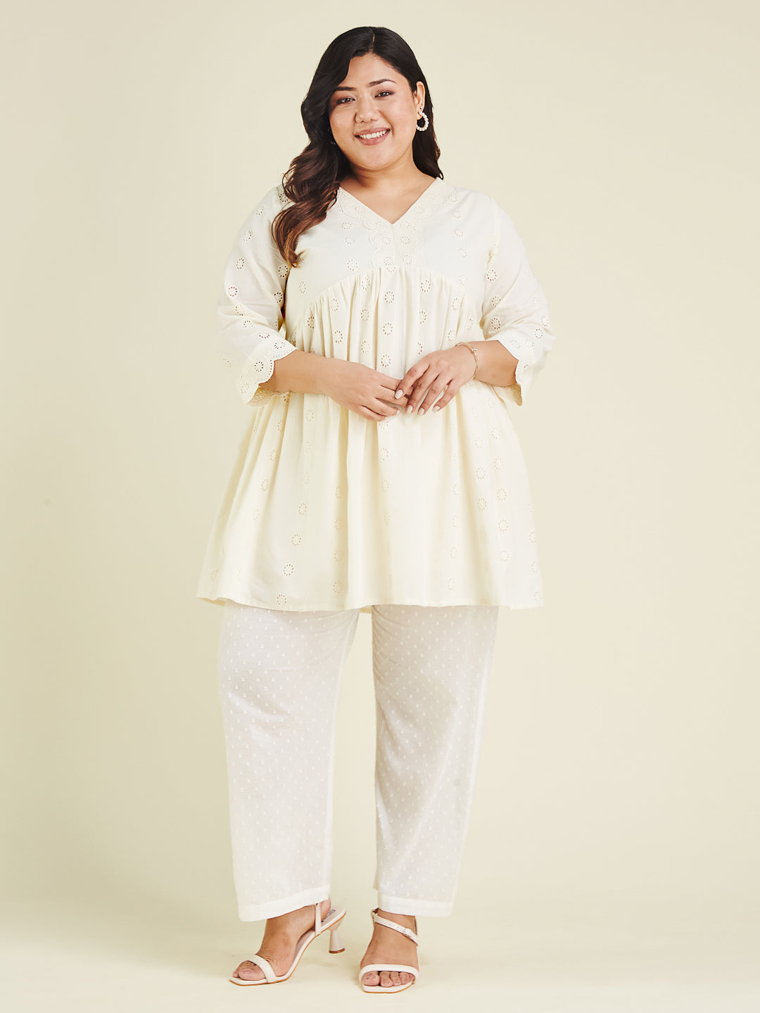 Janasya Women's Plus Size Off White Pure Cotton Schiffli A-line Tunic - qivii