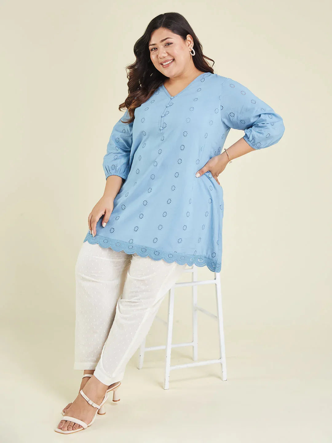 Janasya Women's Plus Size Light Blue Pure Cotton Schiffli Embroidered A-line Tunic