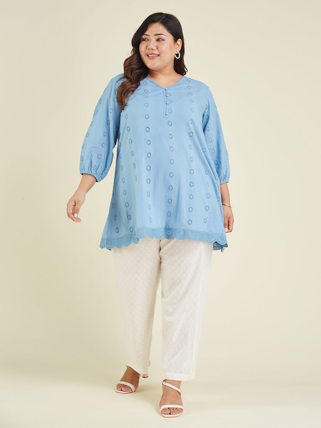 Janasya Women's Plus Size Light Blue Pure Cotton Schiffli Embroidered A-line Tunic - qivii