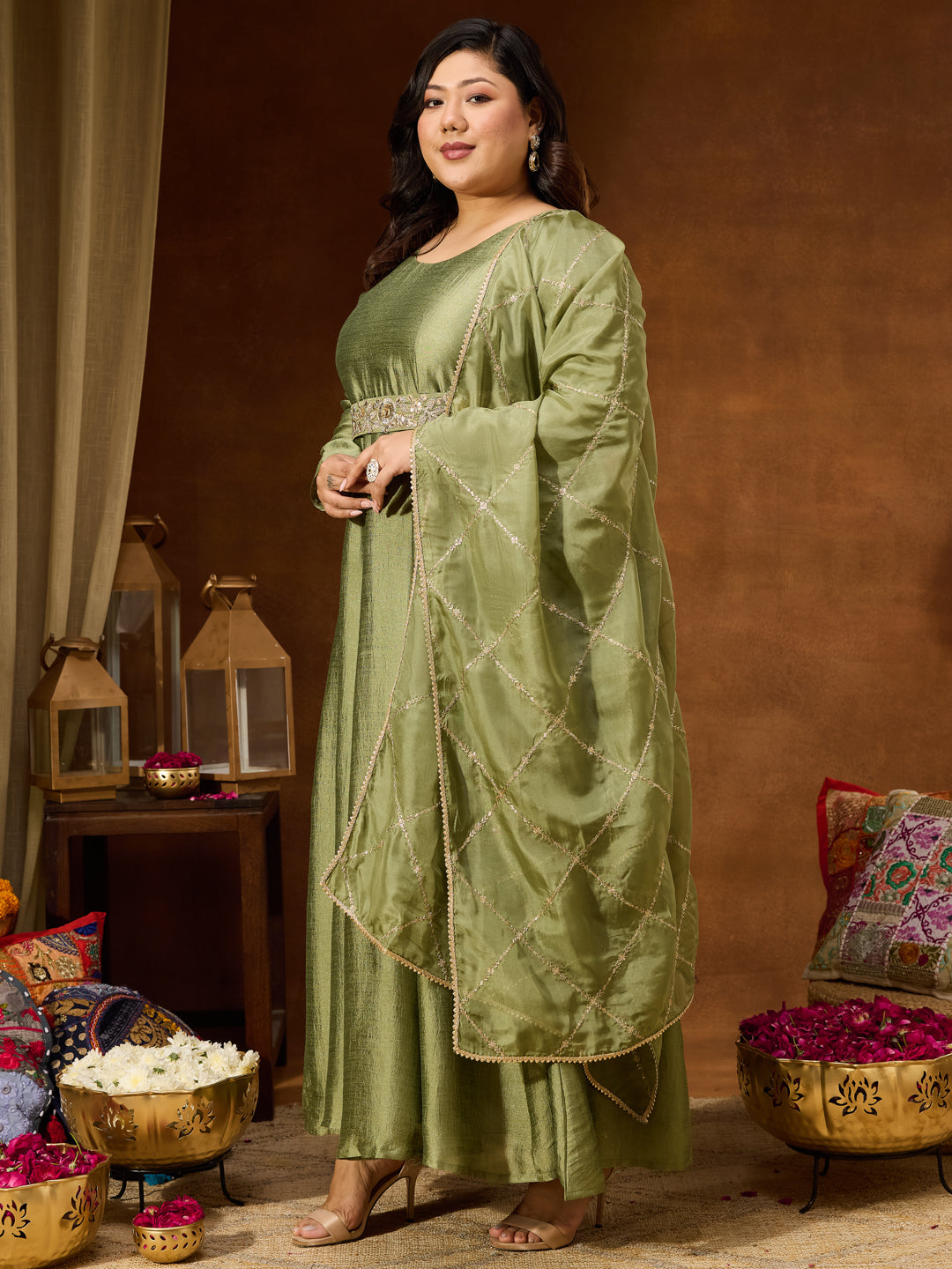 Janasya Women's Plus Size Sage Green Silk Blend Flared Gown With Embellished Belt