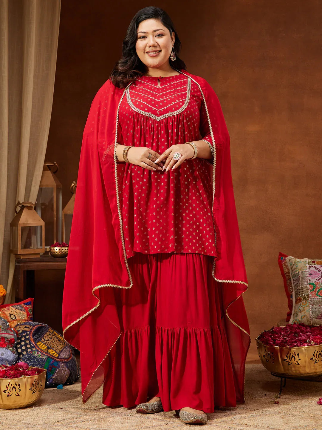 Janasya Women's Red Rayon Embellished Gold Printed A-line Kurta With Sharara & Dupatta Set