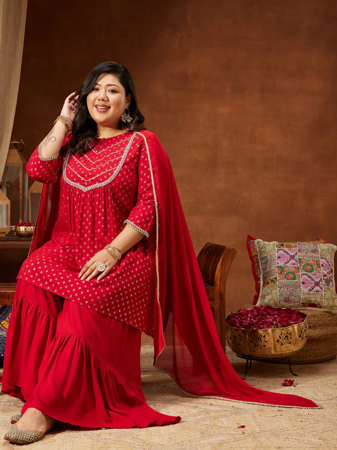 Janasya Women's Red Rayon Embellished Gold Printed A-line Kurta With Sharara & Dupatta Set