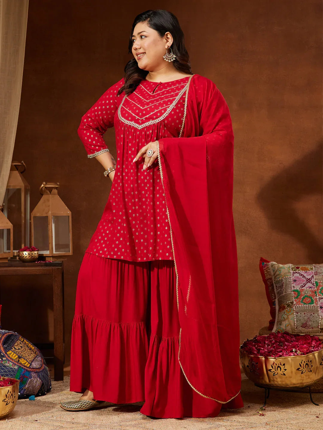 Janasya Women's Red Rayon Embellished Gold Printed A-line Kurta With Sharara & Dupatta Set