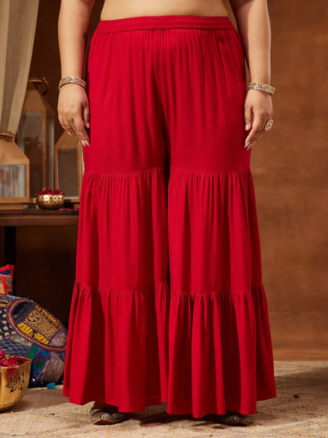 Janasya Women's Red Rayon Embellished Gold Printed A-line Kurta With Sharara & Dupatta Set