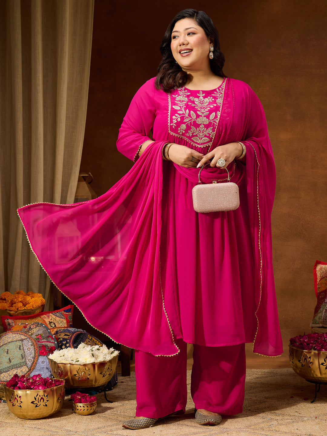 Janasya Women's Plus Size Pink Georgette Yoke Zari Embroidered A-line Kurta Set - qivii