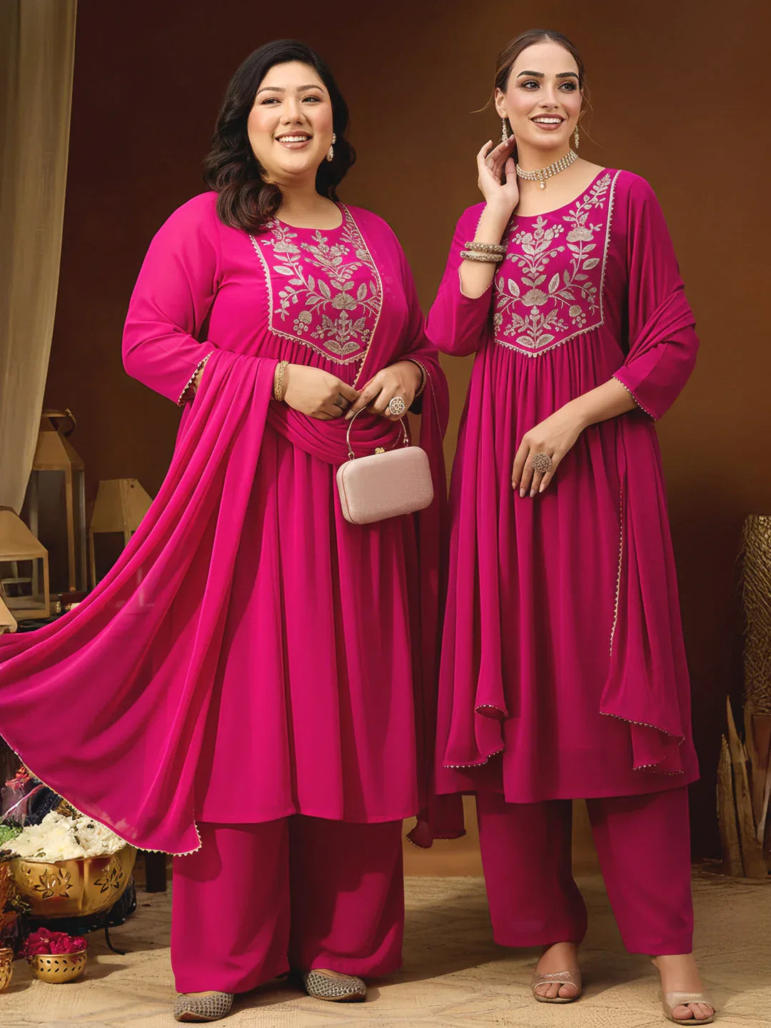 Janasya Women's Plus Size Pink Georgette Yoke Zari Embroidered A-line Kurta Set