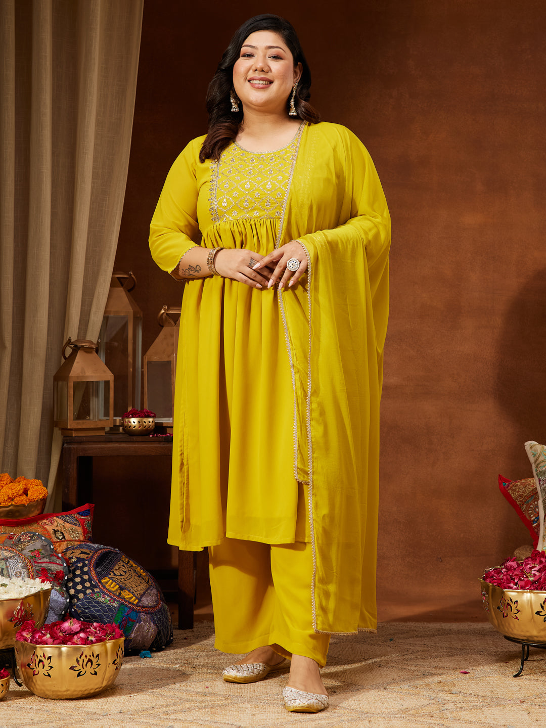 Janasya Women's Plus Size Yellow Georgette Yoke Embroidered A-line Kurta With Palazzo & Dupatta Set - qivii