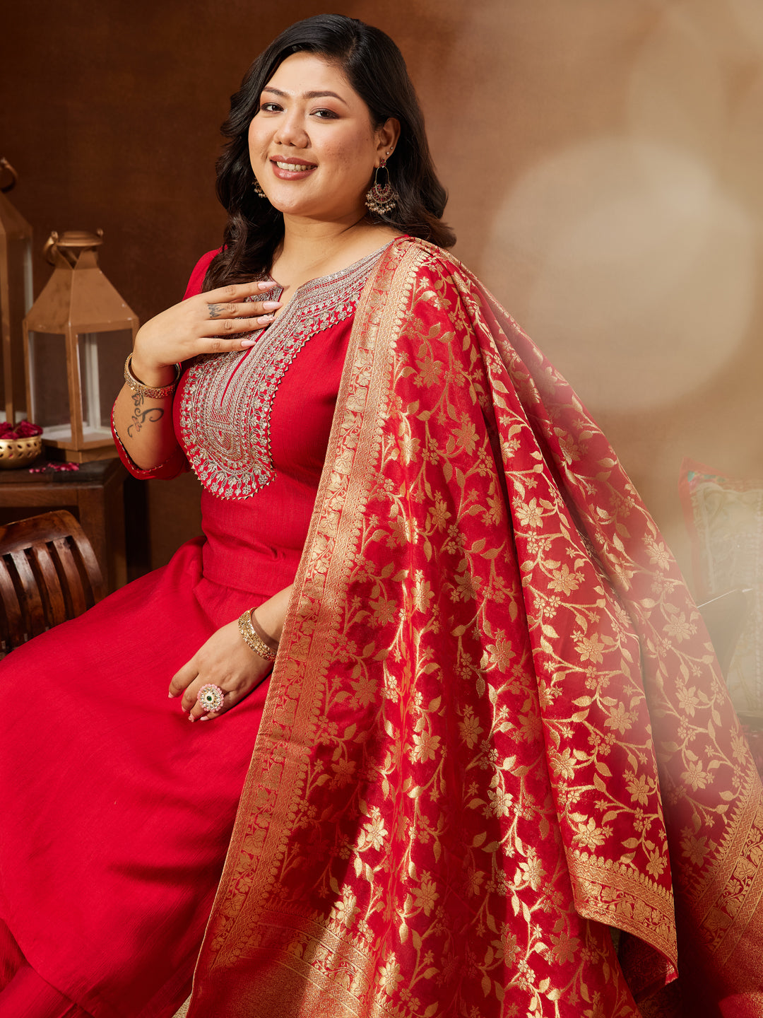 Janasya Women's Plus Size Maroon Silk Blend Zari Embroidered Straight Kurta Set - qivii