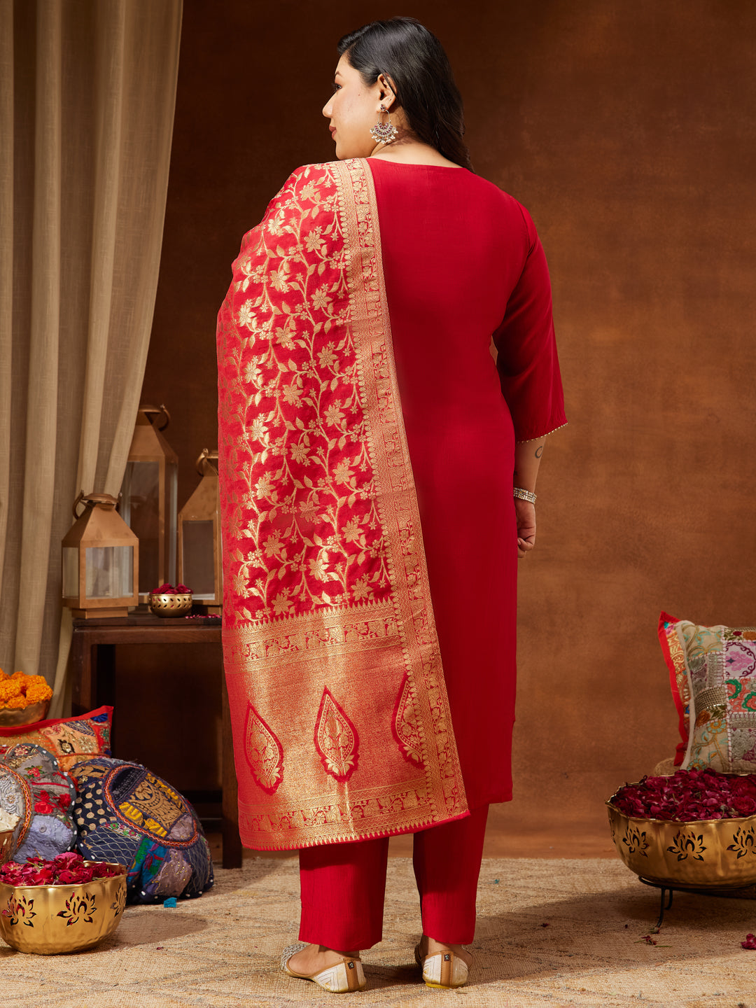 Janasya Women's Plus Size Maroon Silk Blend Zari Embroidered Straight Kurta Set - qivii