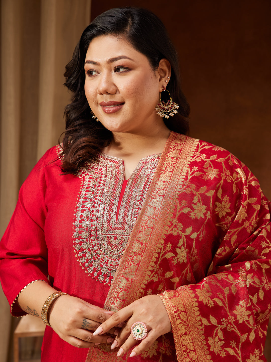 Janasya Women's Plus Size Maroon Silk Blend Zari Embroidered Straight Kurta Set - qivii