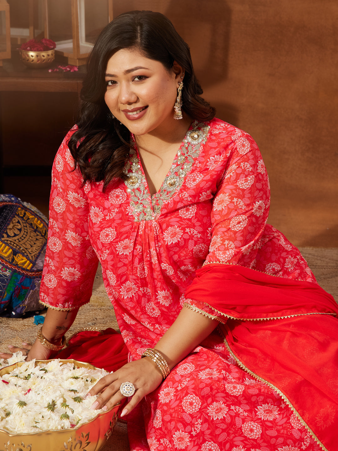 Janasya Women's Plus Size Red Georgette Embellished Floral Printed A-line Kurta Set - qivii