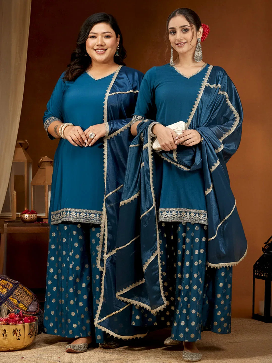 Janasya Women's Teal Blue Silk Blend Embellished Straight Kurta With Sharaa & Dupatta Set