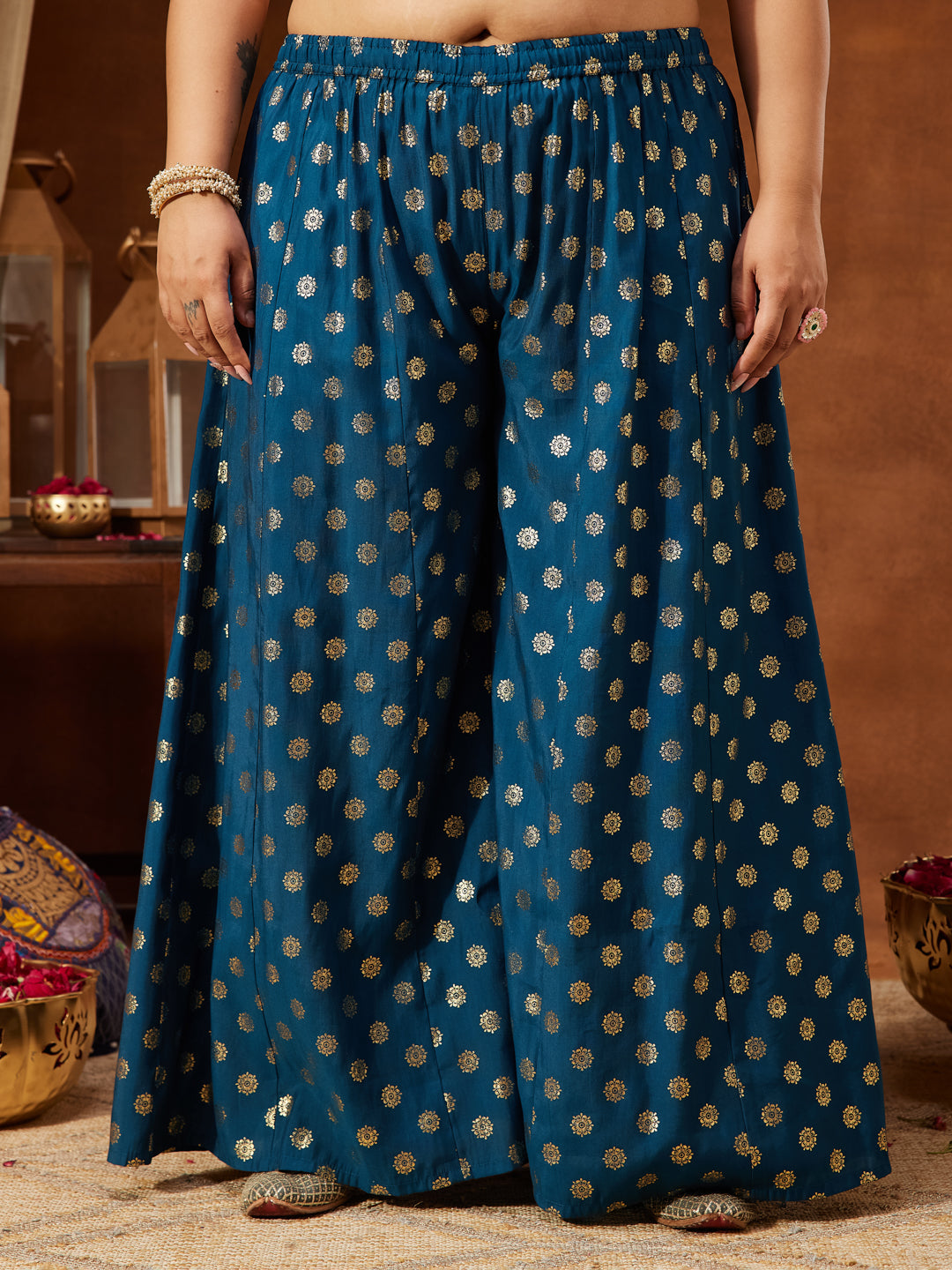 Janasya Women's Teal Blue Chanderi Silk Embellished Straight Kurta With Palazzo & Dupatta Set - qivii