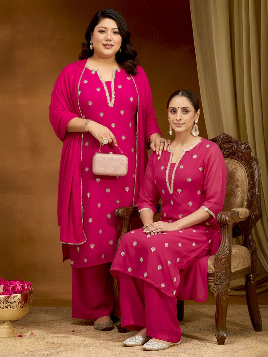 Janasya Women's Plus Size Pink Georgette Embellished Sraight Kurta With Palazzo & Dupatta Set