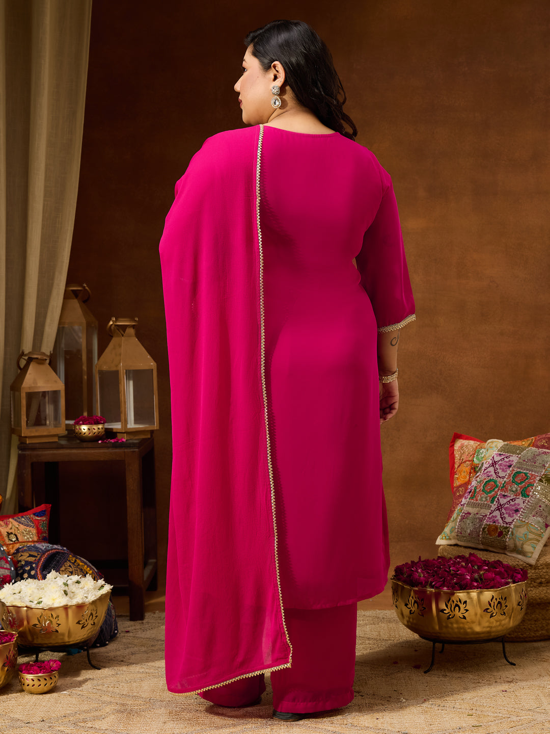 Janasya Women's Plus Size Pink Georgette Embellished Sraight Kurta With Palazzo & Dupatta Set - qivii