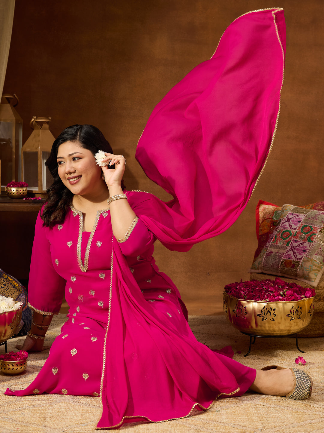 Janasya Women's Plus Size Pink Georgette Embellished Sraight Kurta With Palazzo & Dupatta Set - qivii