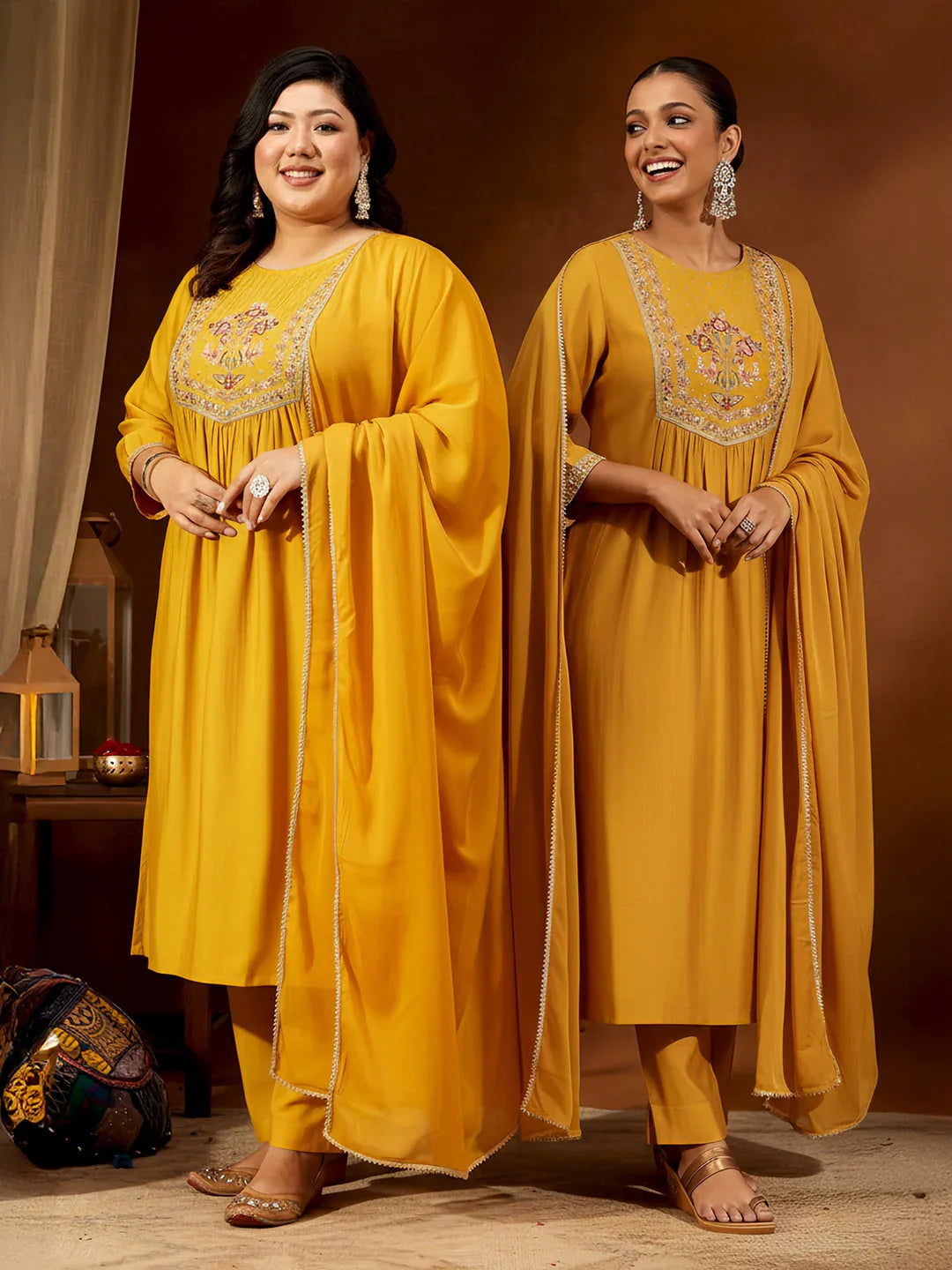 Janasya Women's Plus Size Mustard Silk Blend Embroidered Straight Kurta Set