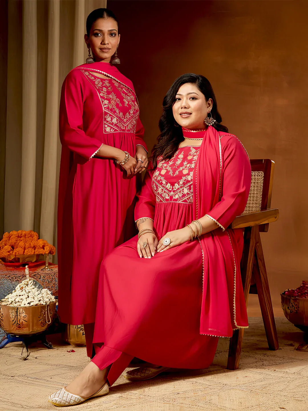 Janasya Women's Plus Size Pink Silk Blend Yoke Embroidered A-line Kurta Set