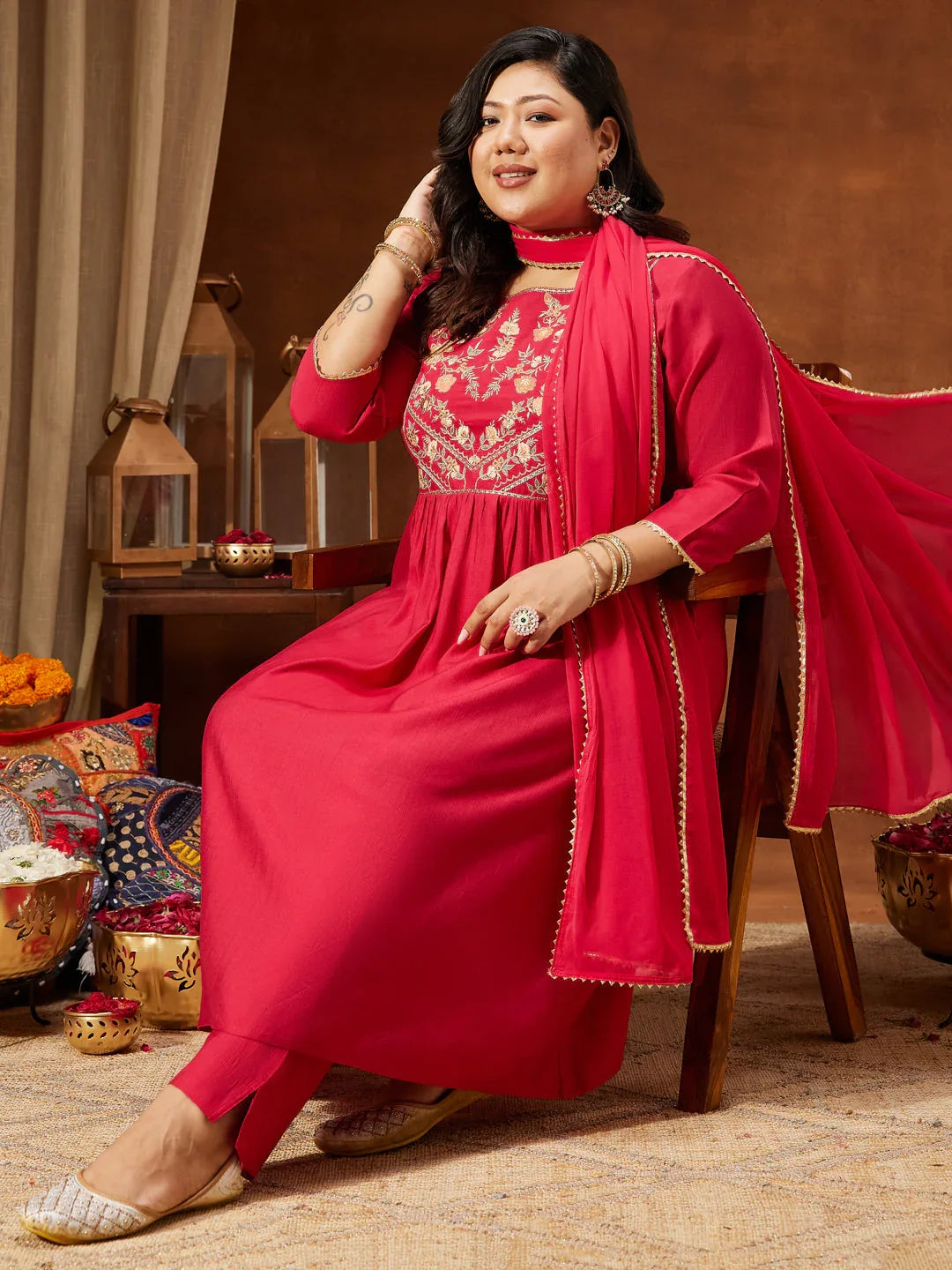 Janasya Women's Plus Size Pink Silk Blend Yoke Embroidered A-line Kurta Set
