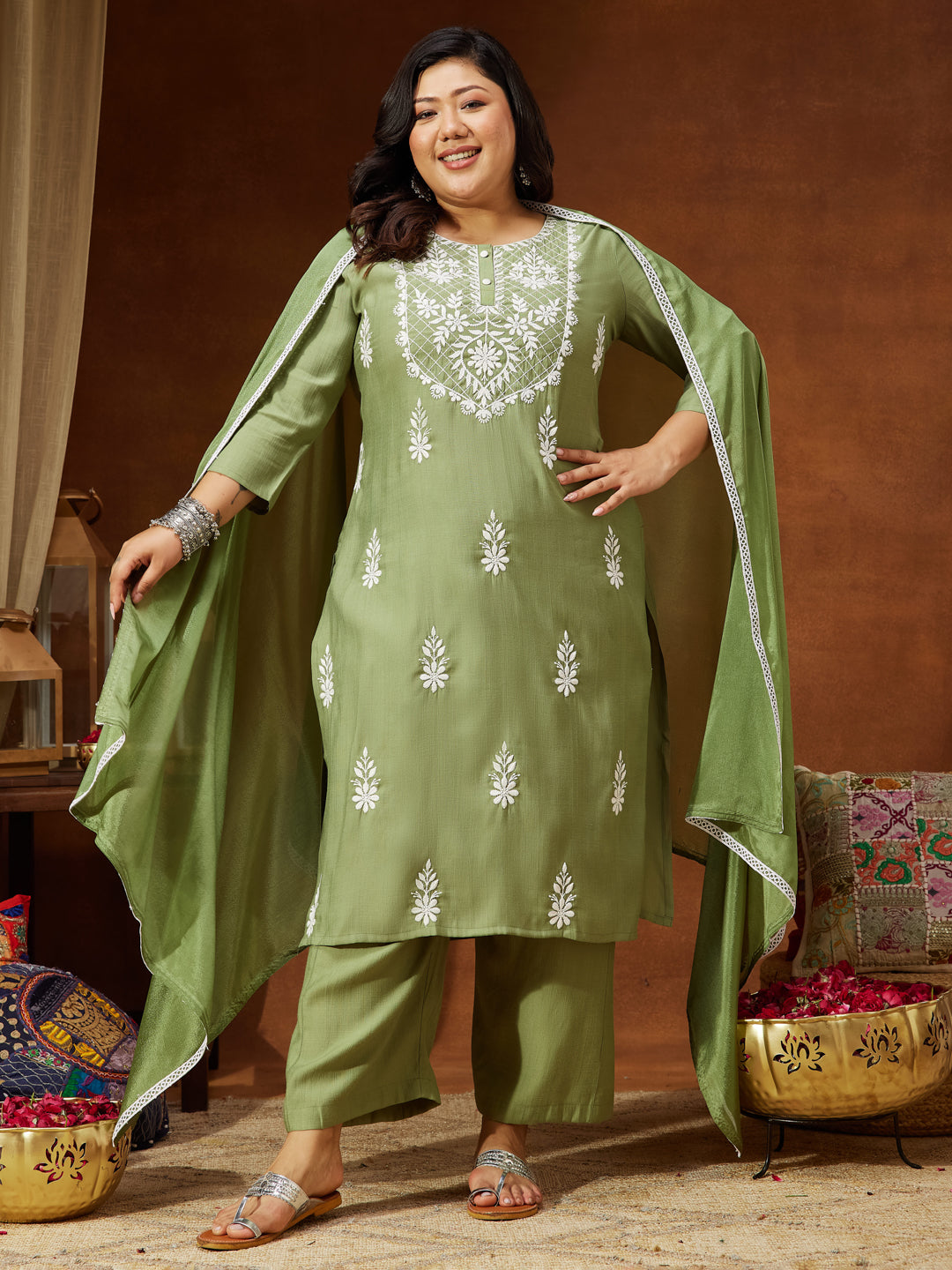 Janasya Women's Plus Size Sage Green Silk Blend Embroidered Straight Kurta Set - qivii