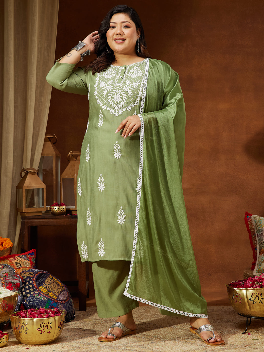 Janasya Women's Plus Size Sage Green Silk Blend Embroidered Straight Kurta Set - qivii