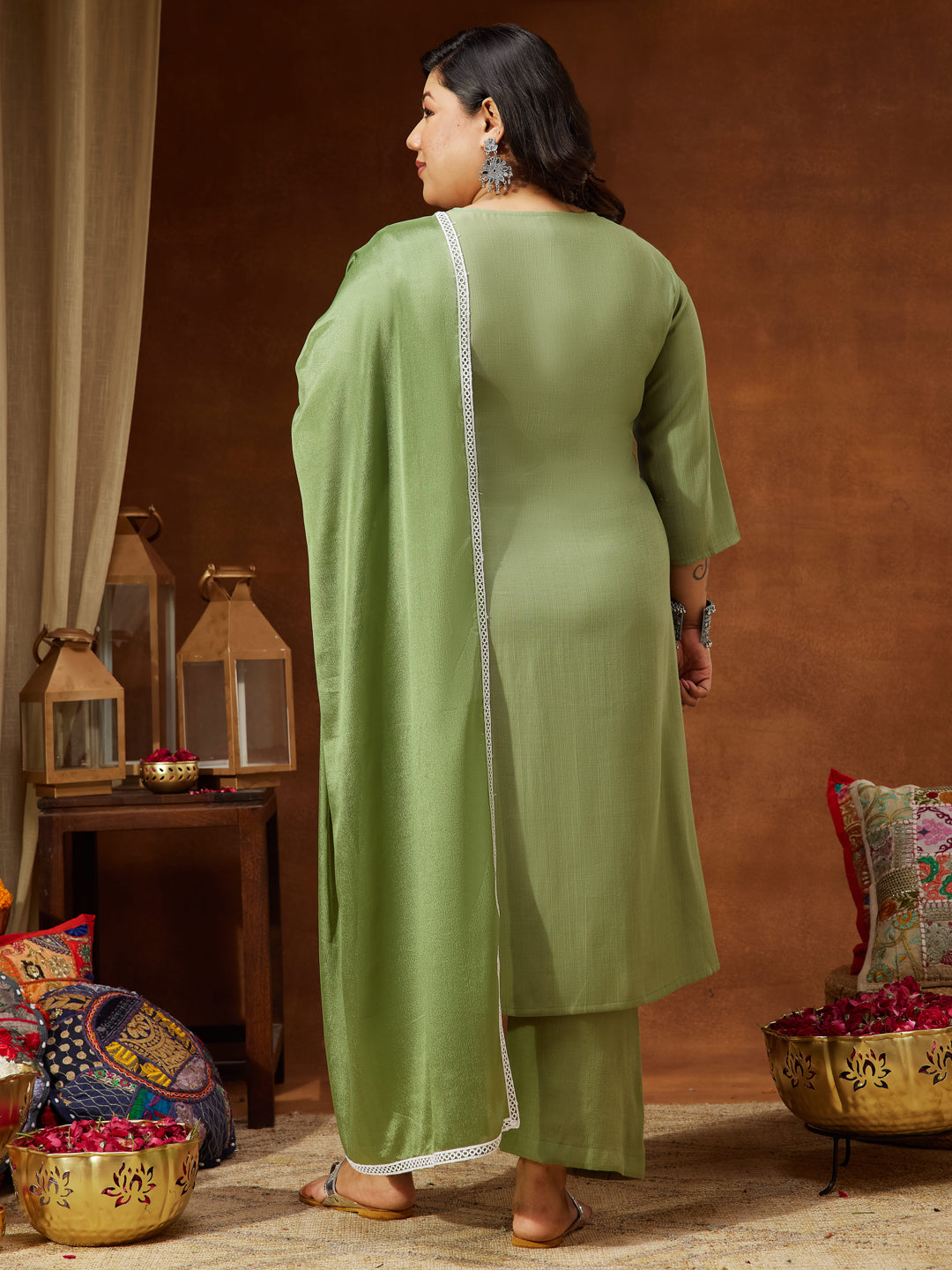 Janasya Women's Plus Size Sage Green Silk Blend Embroidered Straight Kurta Set - qivii