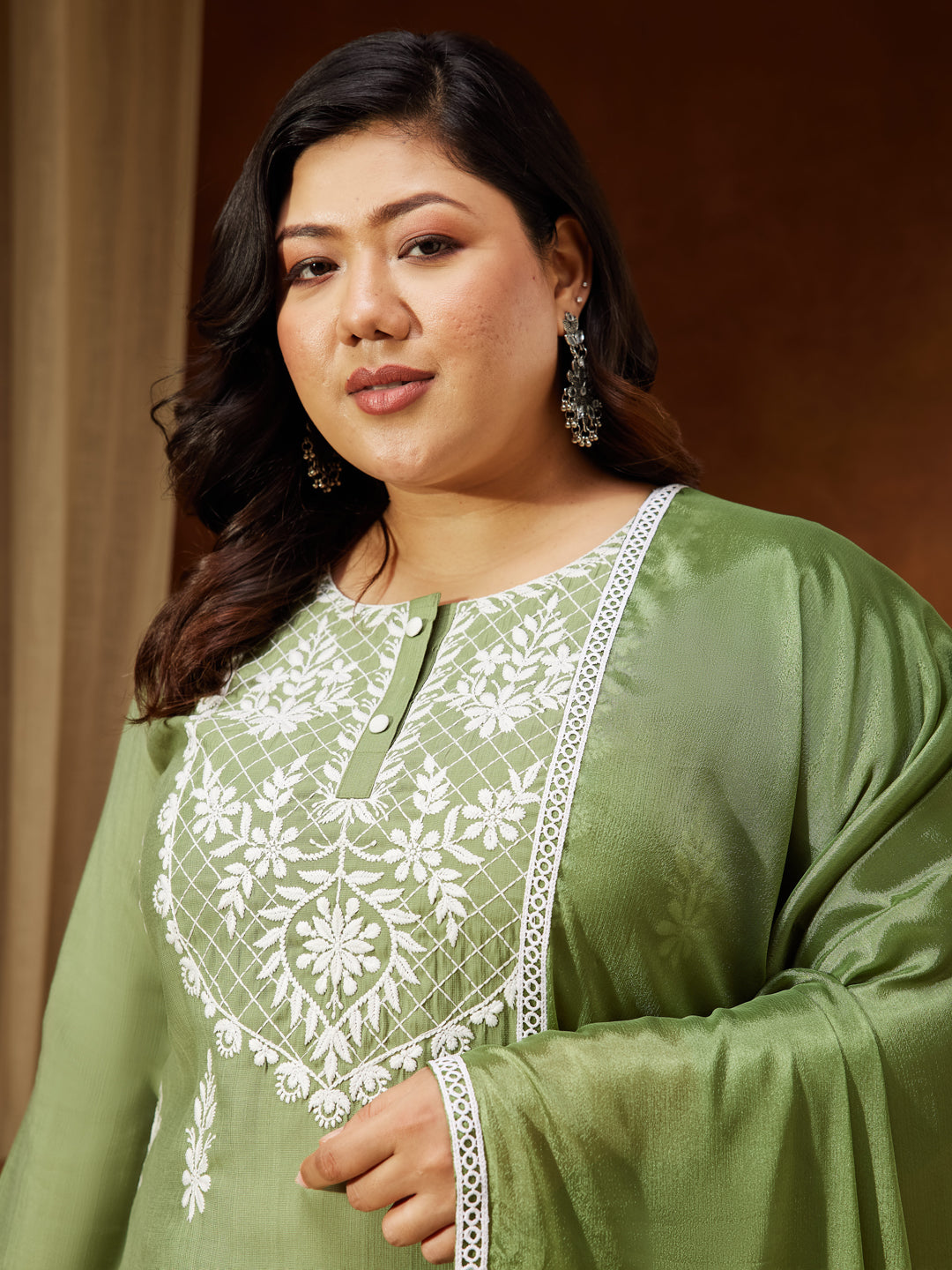 Janasya Women's Plus Size Sage Green Silk Blend Embroidered Straight Kurta Set - qivii