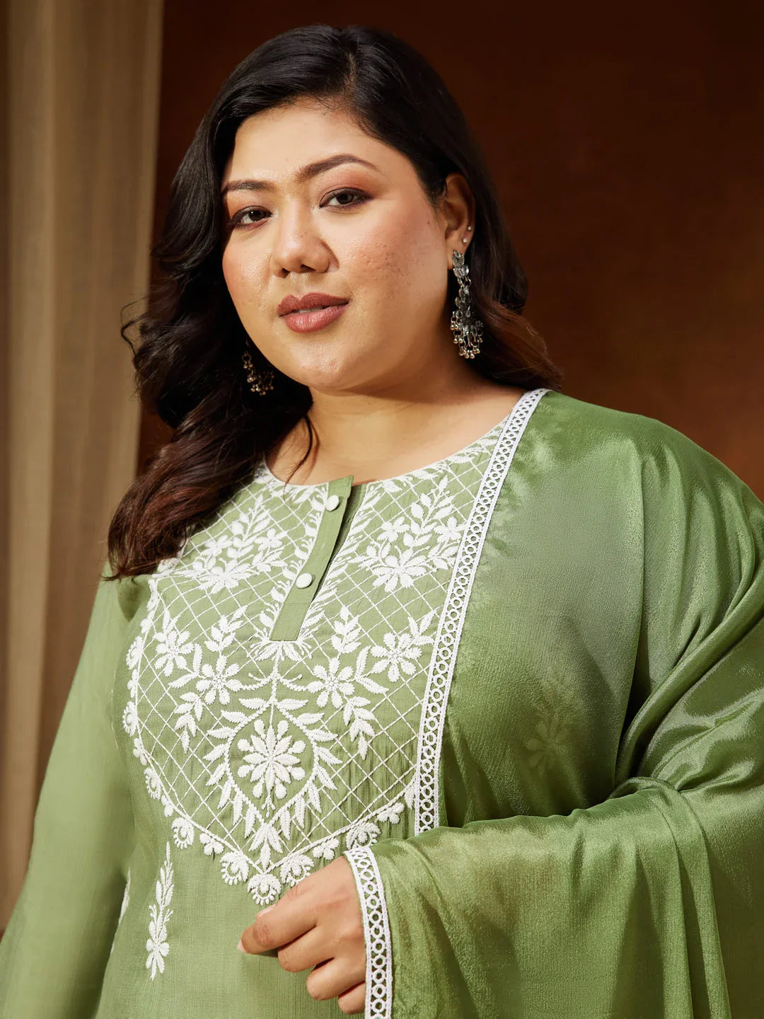Janasya Women's Plus Size Sage Green Silk Blend Embroidered Straight Kurta Set