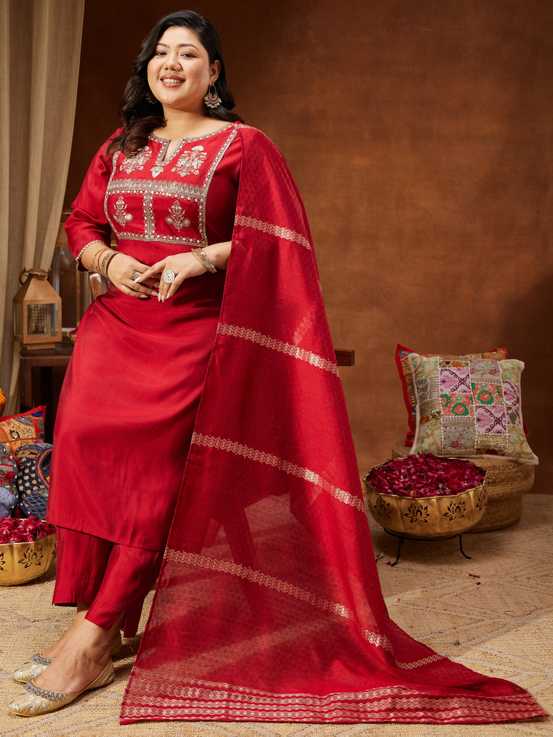 Janasya Women's Maroon Chanderi Silk Yoke Embroidered Straight Kurta Set - qivii