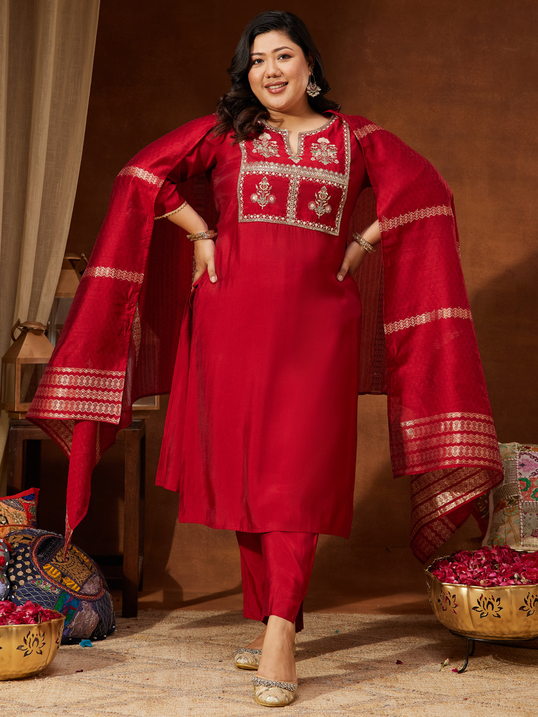 Janasya Women's Maroon Chanderi Silk Yoke Embroidered Straight Kurta Set - qivii