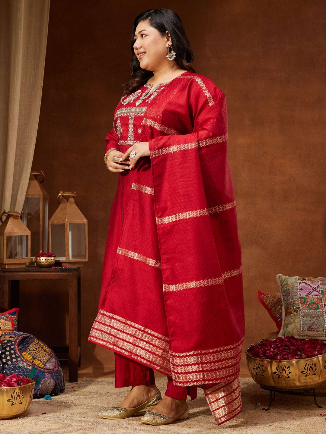 Janasya Women's Maroon Chanderi Silk Yoke Embroidered Straight Kurta Set - qivii