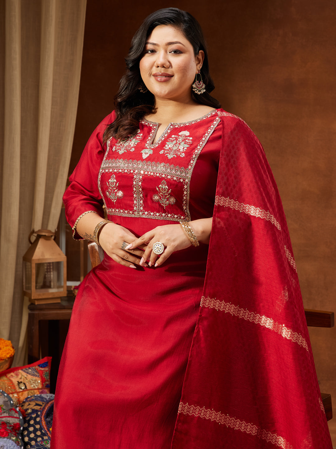 Janasya Women's Maroon Chanderi Silk Yoke Embroidered Straight Kurta Set - qivii