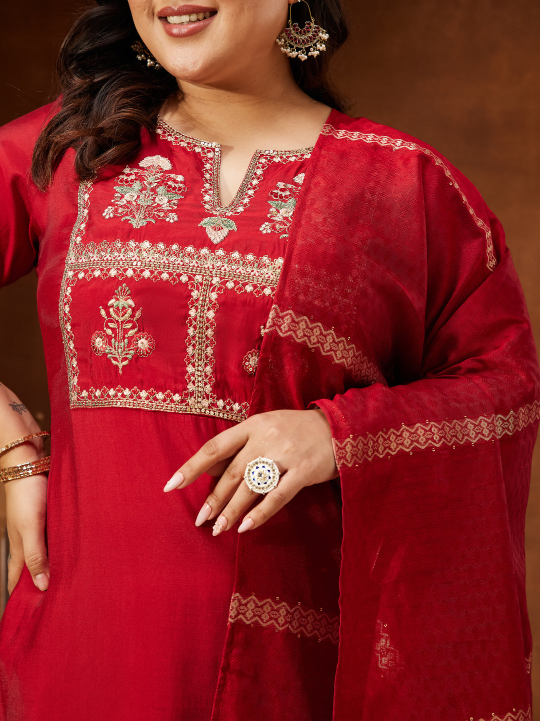 Janasya Women's Maroon Chanderi Silk Yoke Embroidered Straight Kurta Set - qivii