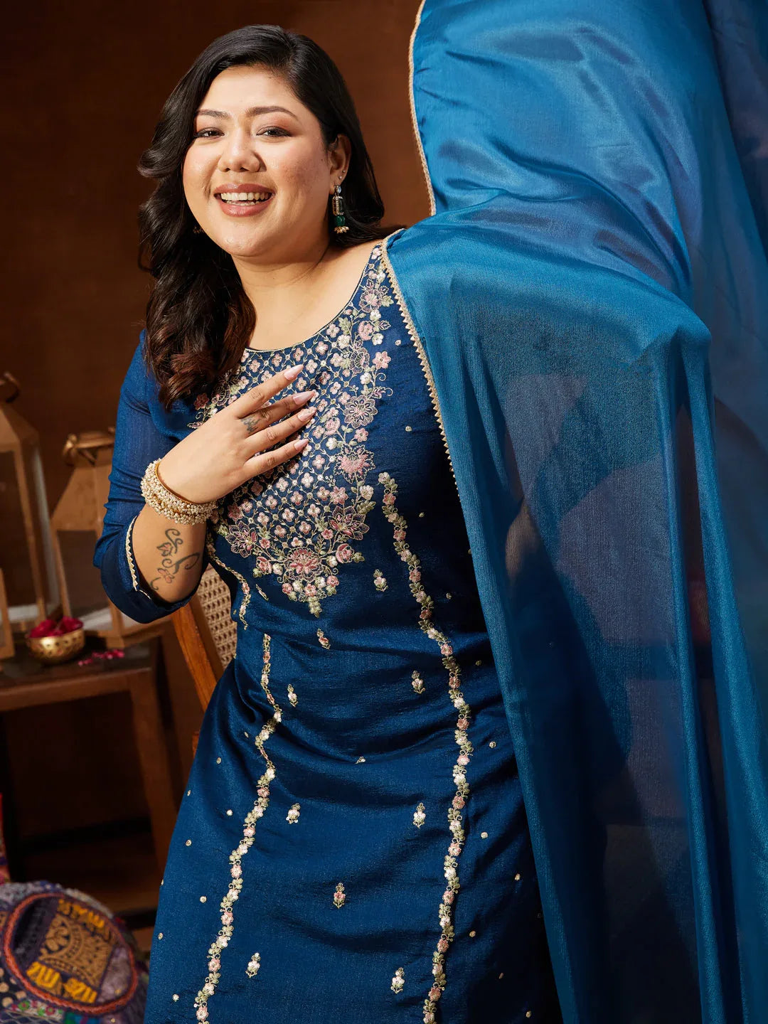 Janasya Women's Plus Size Teal Blue Silk Blend Zari Embroidered Straight Kurta Set