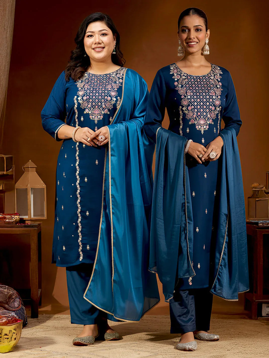 Janasya Women's Teal Blue Silk Blend Zari Embroidered Straight Kurta Set