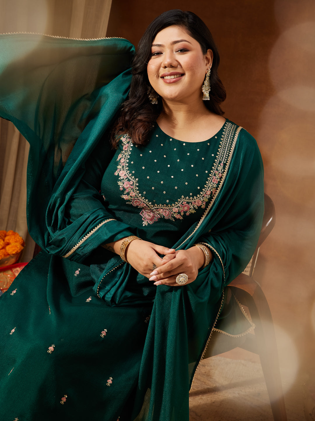 Janasya Women's Plus Size Bottle Green Silk Blend Zari Embroidered Straight Kurta Set - qivii